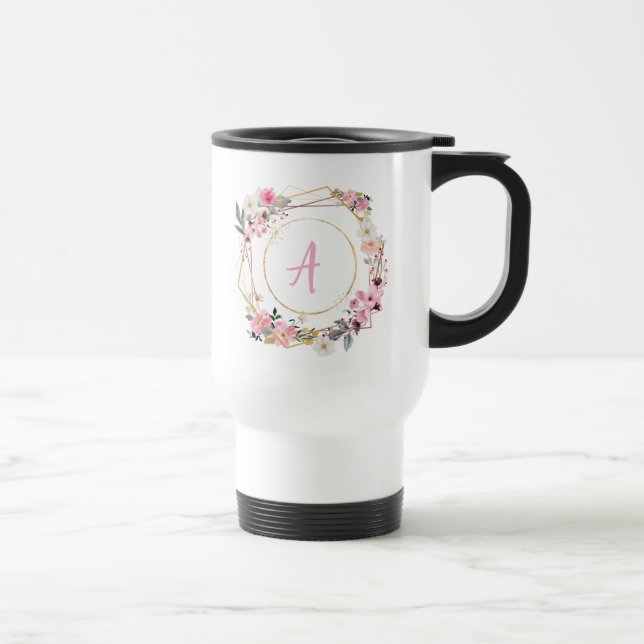 Pink Floral Gold Geometric Travel Mug (Right)