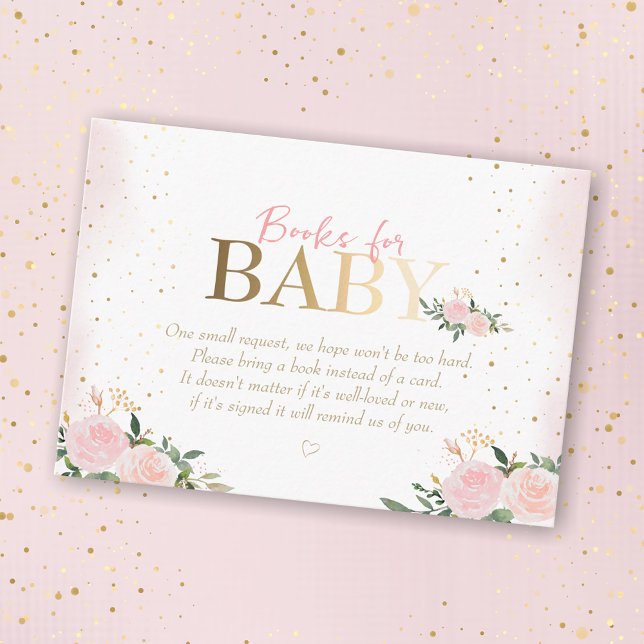 Pink Floral Gold Girl Baby Shower Books for Baby Enclosure Card (Creator Uploaded)