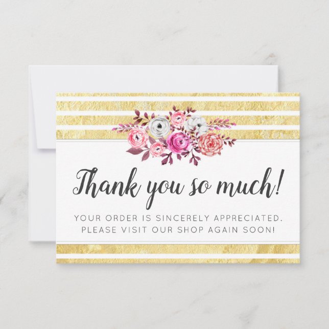 Pink Floral & Gold Glam Modern Stripe Thank You Card (Front)