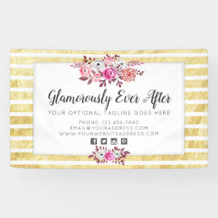 Pink Floral & Gold Glam Watercolor Modern Stripe Banner