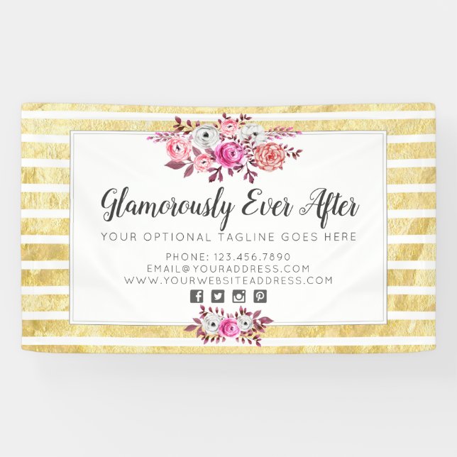 Pink Floral & Gold Glam Watercolor Modern Stripe Banner (Horizontal)