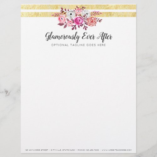 Pink Floral  Gold Glam Watercolor Modern Stripe Letterhead