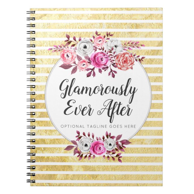 Pink Floral & Gold Glam Watercolor Modern Stripe Notebook (Front)