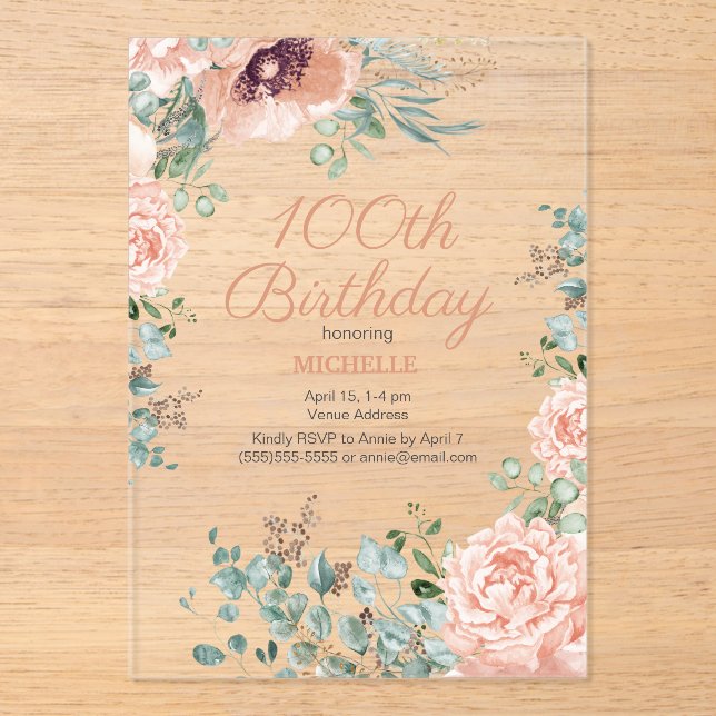 Pink Floral Gold Glitter 100th Acrylic Birthday Invitations (Front)