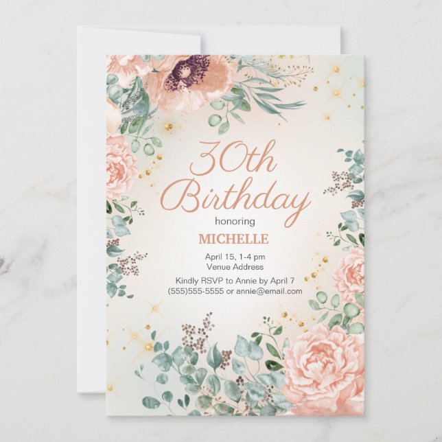 Pink Floral Gold Glitter 30th Birthday Invitation (Front)