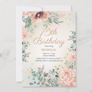 Pink Floral Gold Glitter 75th Birthday Invitation