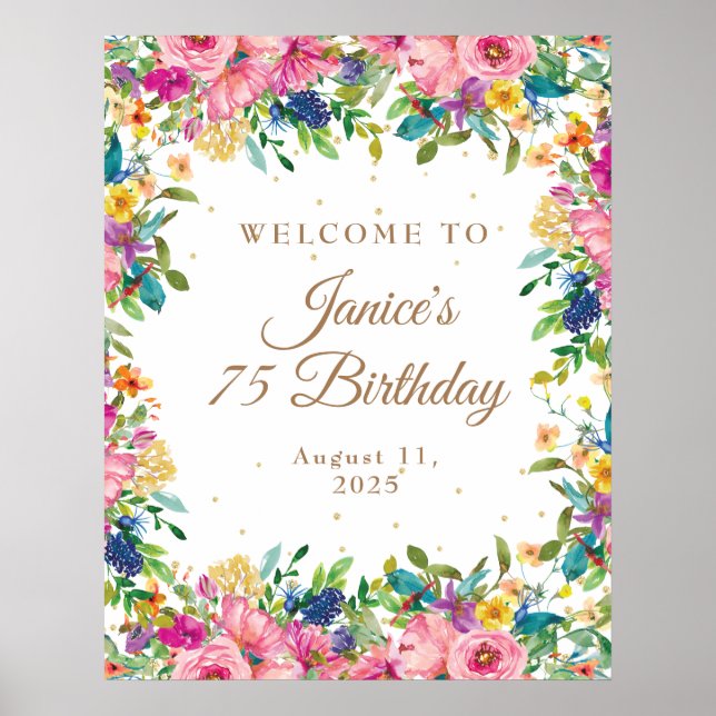 Pink Floral Gold Glitter 75th Birthday Welcome  Poster (Front)