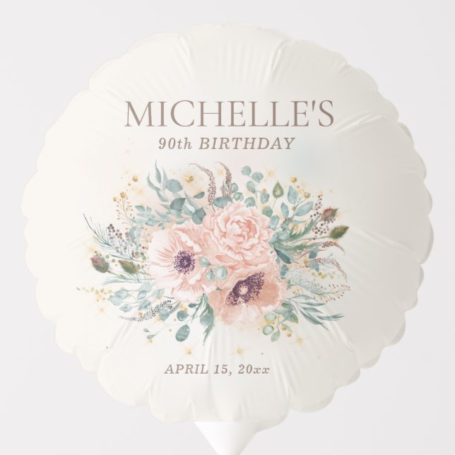 Pink Floral Gold Glitter 90th Birthday Balloon (Front)