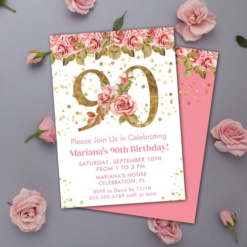 Pink Floral Gold Glitter 90th Birthday Party Invitation