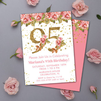 Pink Floral Gold Glitter 95th Birthday Party Invitation by WittyPrintables at Zazzle