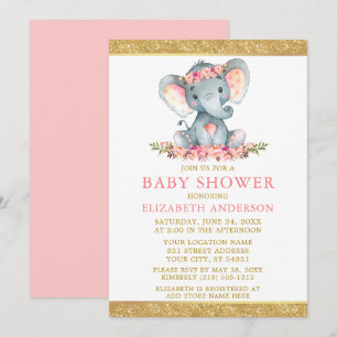 Pink Floral Gold Glitter Baby Shower Elephant Invitation