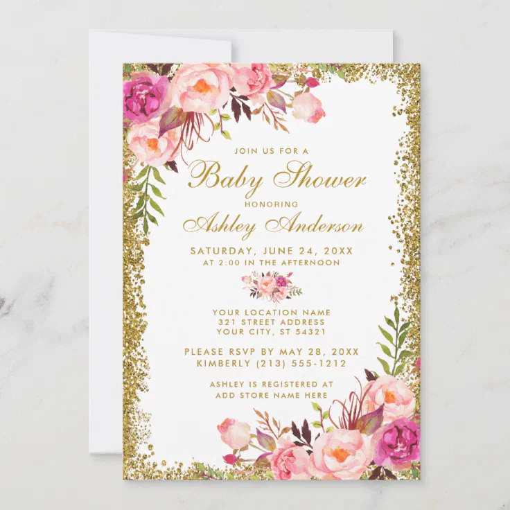 Pink Floral Gold Glitter Baby Shower Invitation | Zazzle