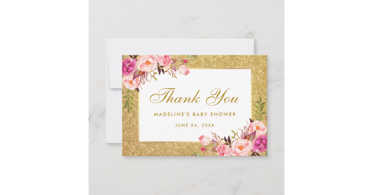 Pink Floral Gold Glitter Baby Shower Thanks Invitation | Zazzle