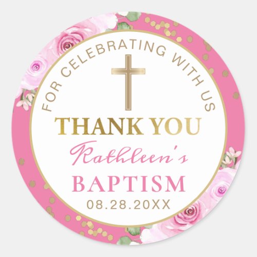 Pink Floral Gold Glitter Baptism Thank You Classic Round Sticker