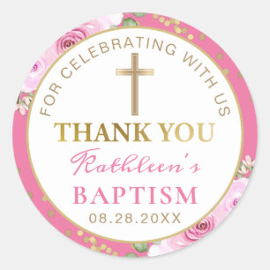 Pink Floral Gold Glitter Baptism Thank You Classic Round Sticker