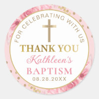 Pink Floral Gold Glitter Baptism Thank You