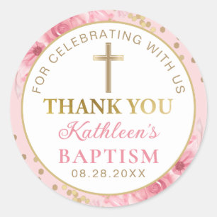 Pink Floral Gold Glitter Baptism Thank You Classic Round Sticker