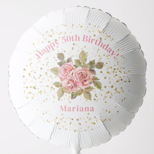Pink Floral Gold Glitter Birthday Party Balloon (Front)