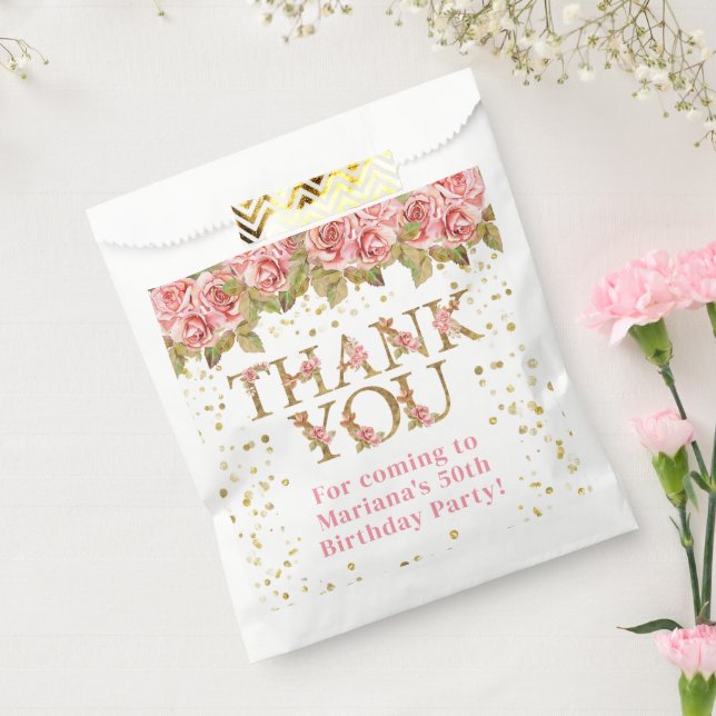Pink Floral Gold Glitter Birthday Party Favor Bag (Sealed)