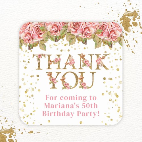 Pink Floral Gold Glitter Birthday Party Favors Square Sticker