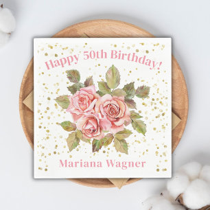 Pink Floral Gold Glitter Birthday Party Napkins