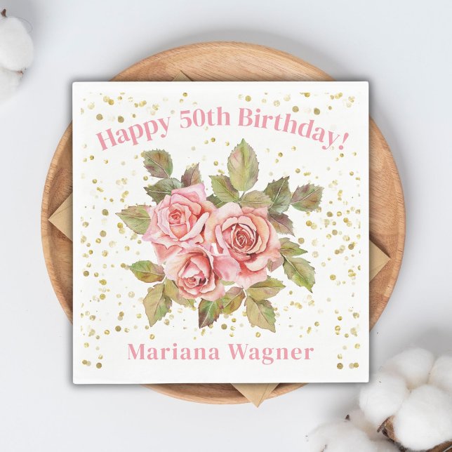 Pink Floral Gold Glitter Birthday Party Napkins (Creator Uploaded)