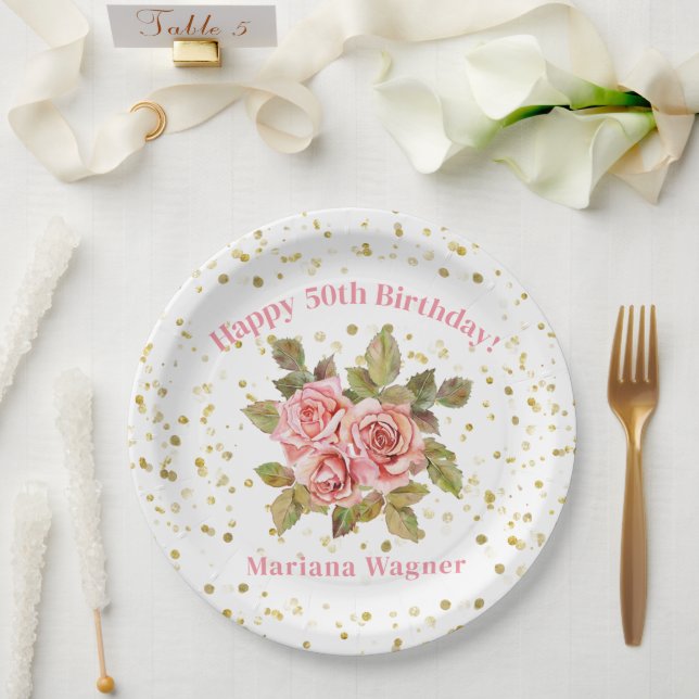 Pink Floral Gold Glitter Birthday Party Paper Plates (Wedding)