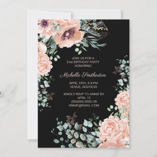 Pink Floral Gold Glitter Black 21st Birthday  Invitation