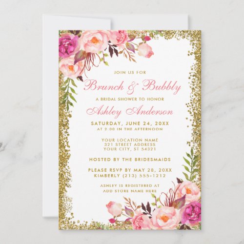 Pink Floral Gold Glitter Bridal Shower Brunch Invitation