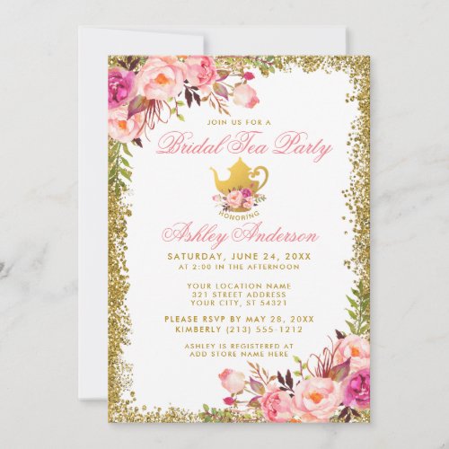 Pink Floral Gold Glitter Bridal Tea Party Invite