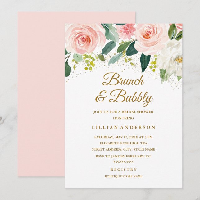 Pink Floral Gold Glitter Brunch And Bubbly Invitation (Front/Back)