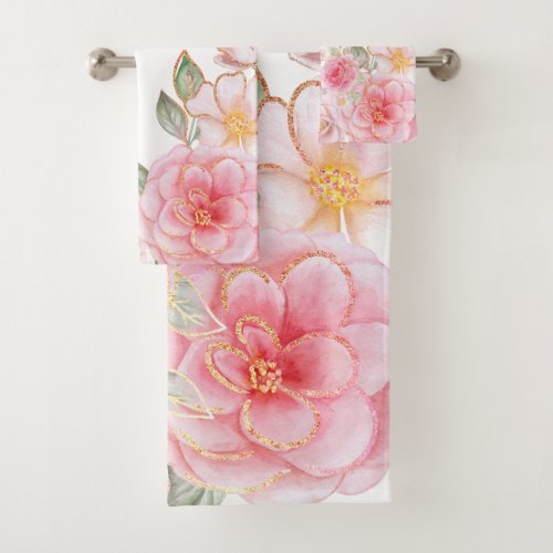 Pink Floral Gold Glitter Butterfly Watercolor Bath Towel Set