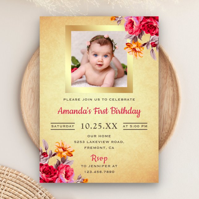 Pink Floral Gold Glitter First Birthday Invitation (Creator Uploaded)