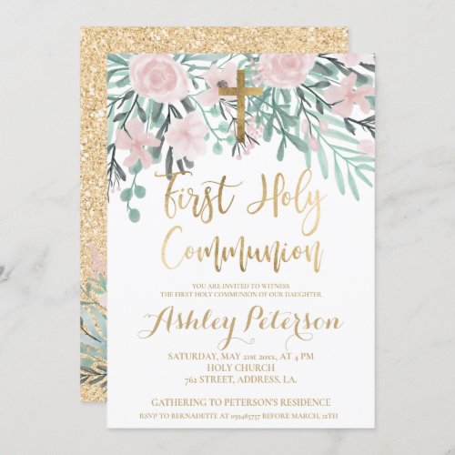 Pink floral gold  glitter First Holy Communion Invitation