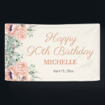 Pink Floral Gold Glitter Happy 90th Birthday Banner<br><div class="desc">Pretty pink springtime watercolor floral and green leaves "Happy 90th Birthday" banner personalized with the name of the guest of honor and her age. Text is an elegant script font. Contact me for assistance with customization or to request matching or coordinating Zazzle products for your party.</div>