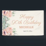 Pink Floral Gold Glitter Happy 90th Birthday Banner<br><div class="desc">Pretty pink springtime watercolor floral and green leaves "Happy 90th Birthday" banner personalized with the name of the guest of honor and her age. Text is an elegant script font. Contact me for assistance with customization or to request matching or coordinating Zazzle products for your party.</div>