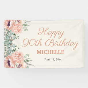 Pink Floral Gold Glitter Happy 90th Birthday Banner