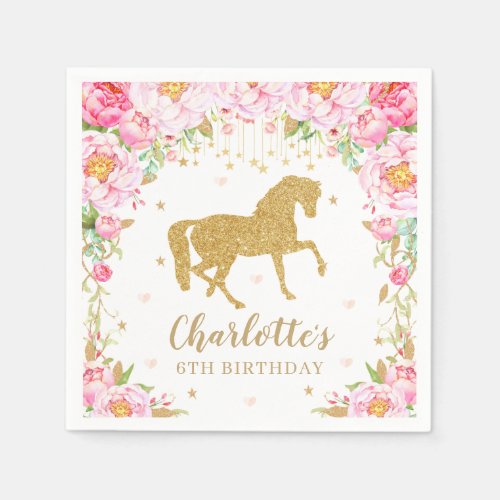 Pink Floral Gold Glitter Horse Birthday Baby Napkins