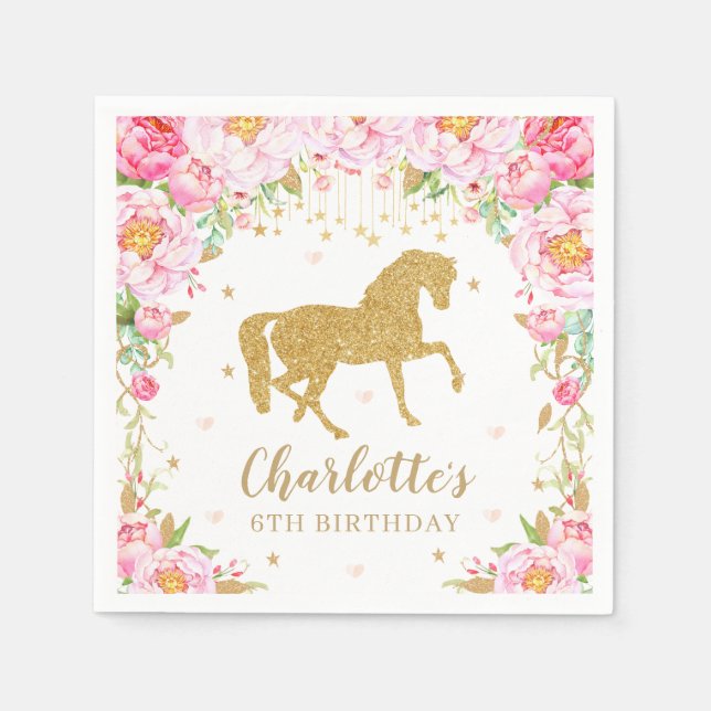 Pink Floral Gold Glitter Horse Birthday Baby Napkins (Front)