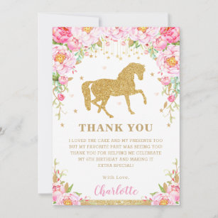 Pink Floral Gold Glitter Horse Birthday Party Thank You Card