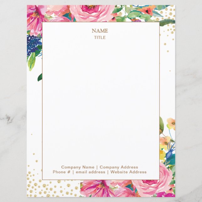 Pink Floral Gold Glitter Letterhead (Front)