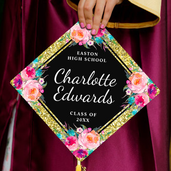 Pink Floral Gold Glitter Name Year School Graduation Cap Topper by girlygirlgraphics at Zazzle