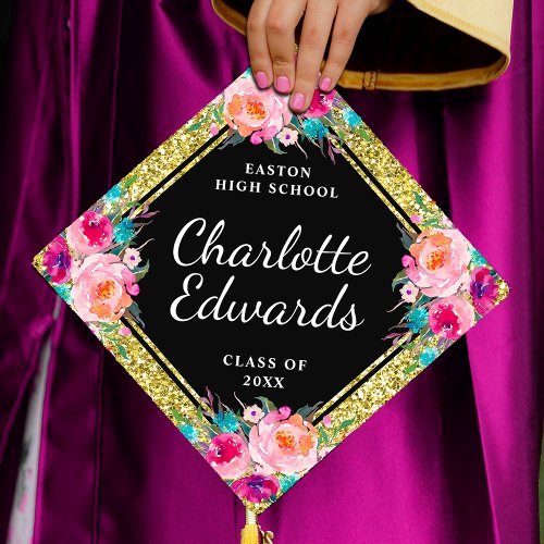 Pink Floral Gold Glitter Name Year School