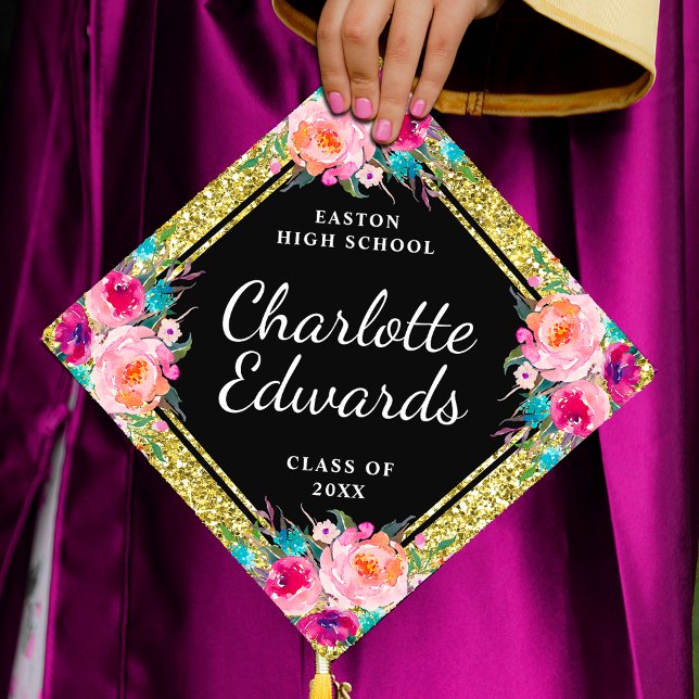 Pink Floral Gold Glitter Name Year School Graduation Cap Topper (Pink Floral Gold Glitter Name Year School Graduation Cap Topper)
