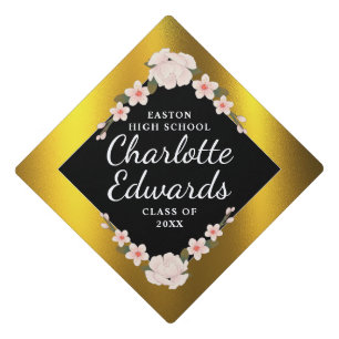 Pink Floral Gold Glitter Name Year School  Graduation Cap Topper