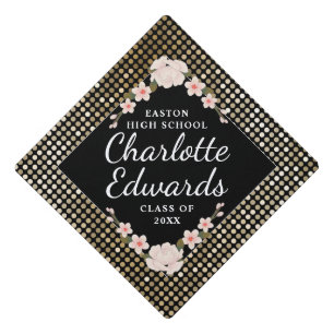 Pink Floral Gold Glitter Name Year School Graduation Cap Topper
