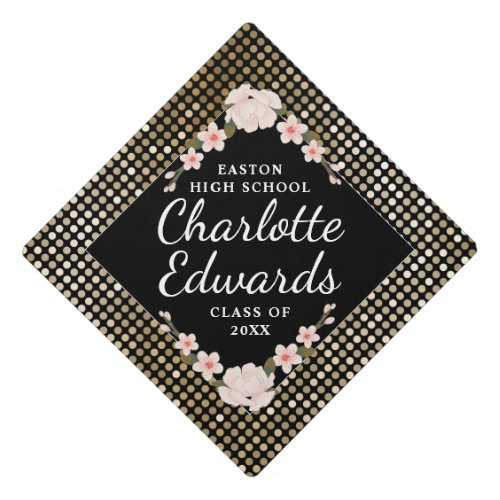 Pink Floral Gold Glitter Name Year School  Graduation Cap Topper