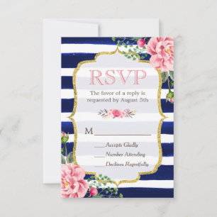 Pink Floral Gold Glitter Navy Blue Striped RSVP