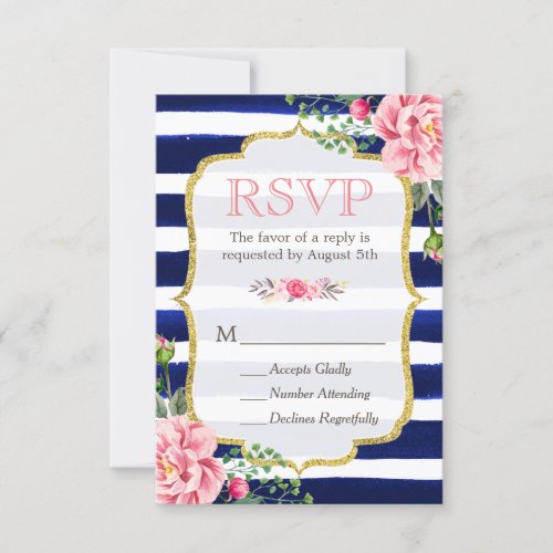 Pink Floral Gold Glitter Navy Blue Striped RSVP