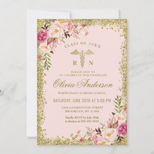 Pink Floral Gold Glitter Nursing School Graduation Invitation